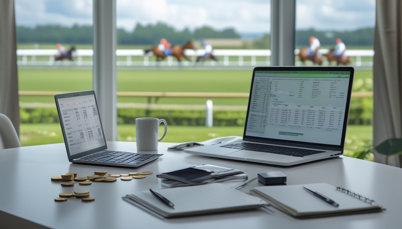Seorang bettor meninjau anggaran dan data balap kuda di meja kerja dengan laptop, kalkulator, dan catatan.