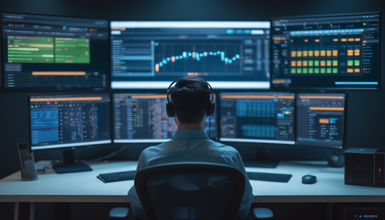 Analis esports memantau pertandingan langsung dan statistik performa di beberapa monitor.