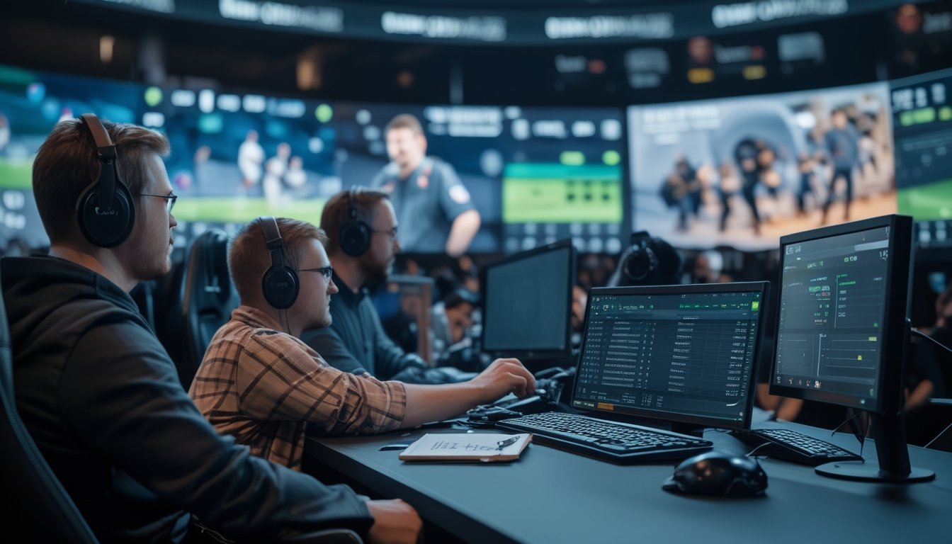 Sekelompok orang menganalisis pertandingan esports langsung dan data risiko di ruang pengamatan modern.