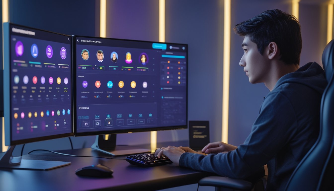 Seorang pemain esports dewasa menggunakan komputer dengan tampilan pertandingan digital dan simbol hadiah abstrak.