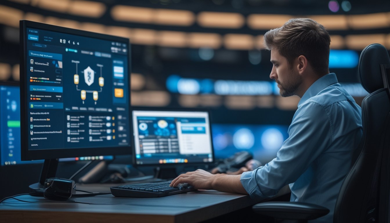 Analis memeriksa keamanan dan kredibilitas platform esports di ruang kerja modern.