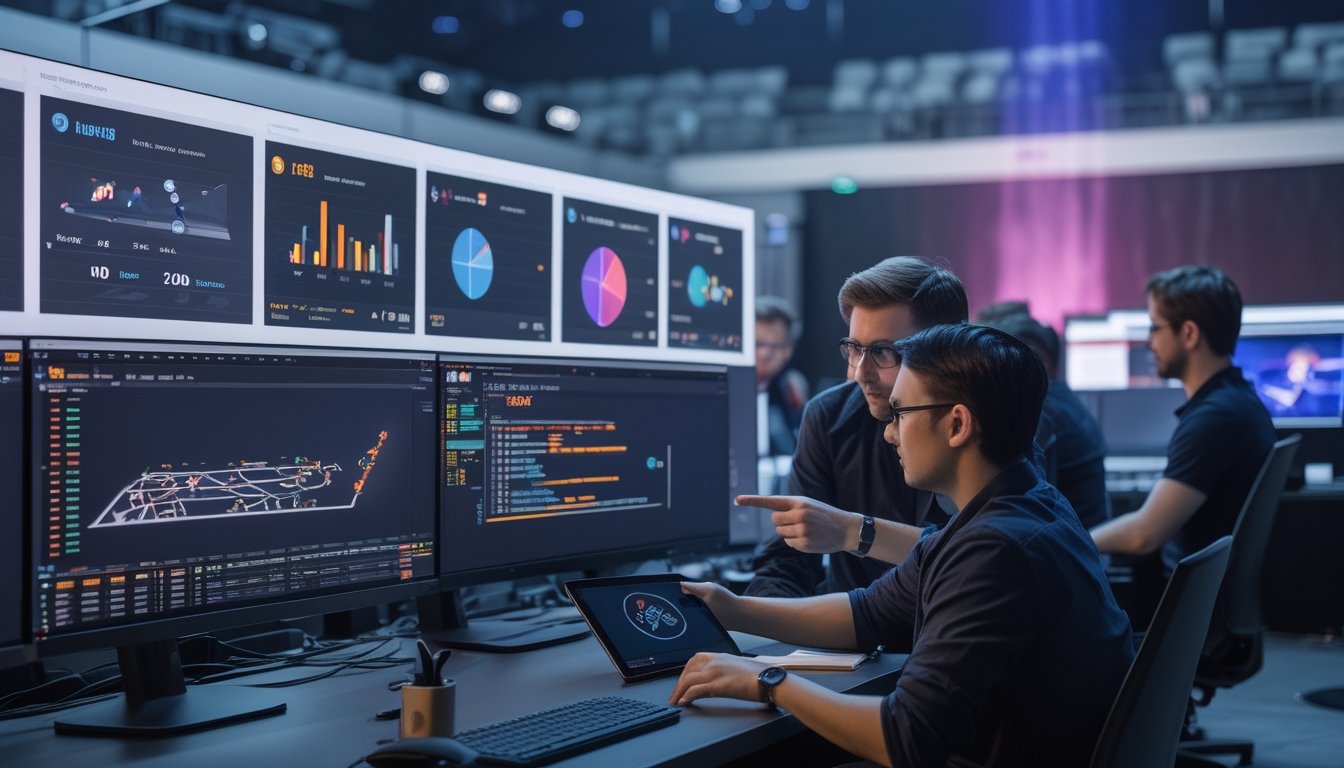 Tim analis esports memeriksa data pertandingan dan performa tim di ruang kerja modern.