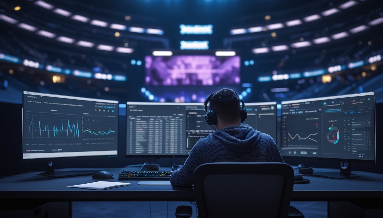 Seorang analis esports mempelajari grafik performa tim dan data turnamen di beberapa monitor.