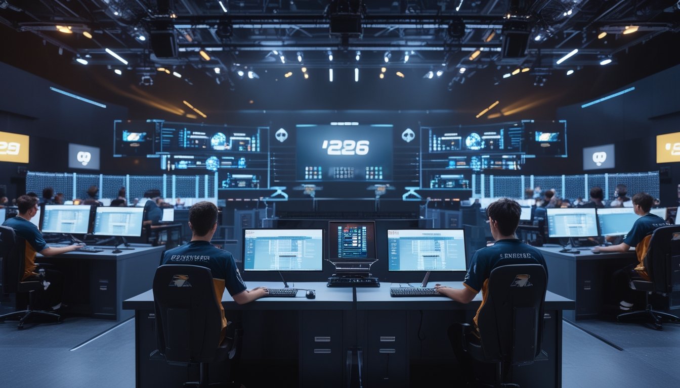 Pemain esports bertanding di arena modern dengan layar abstrak dan grafik data di sekelilingnya.