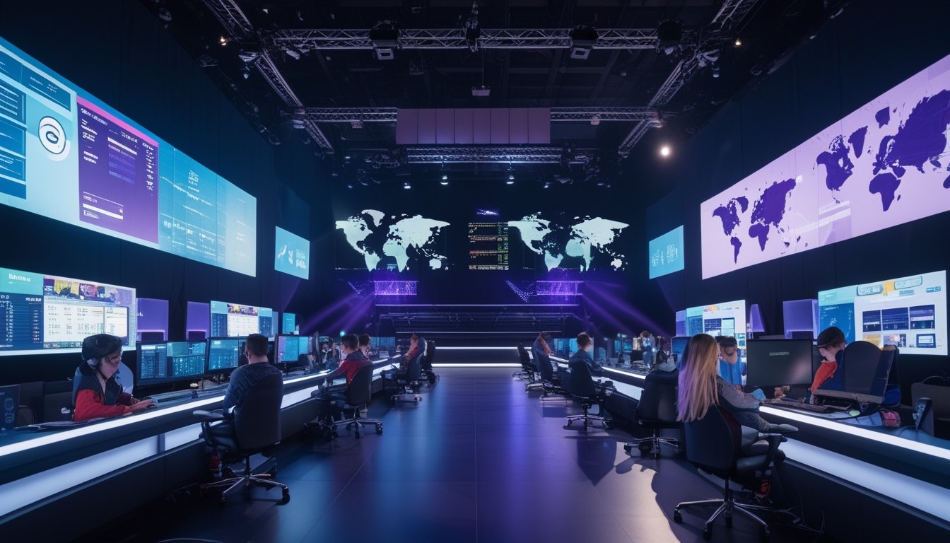 Pemain esports bertanding di arena modern dengan layar bercahaya dan suasana kompetisi global.