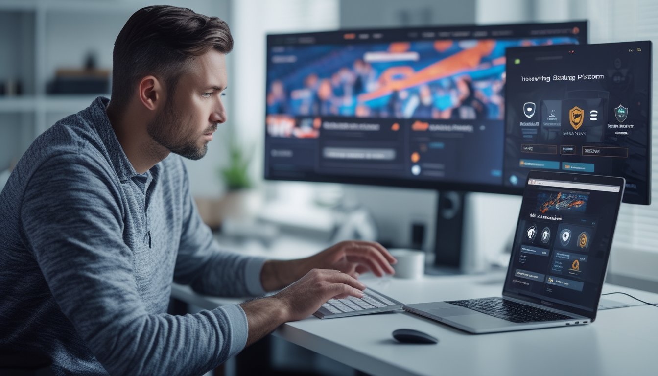Seseorang memeriksa keamanan platform taruhan esports menggunakan laptop dan ponsel dengan simbol perisai serta tanda verifikasi.