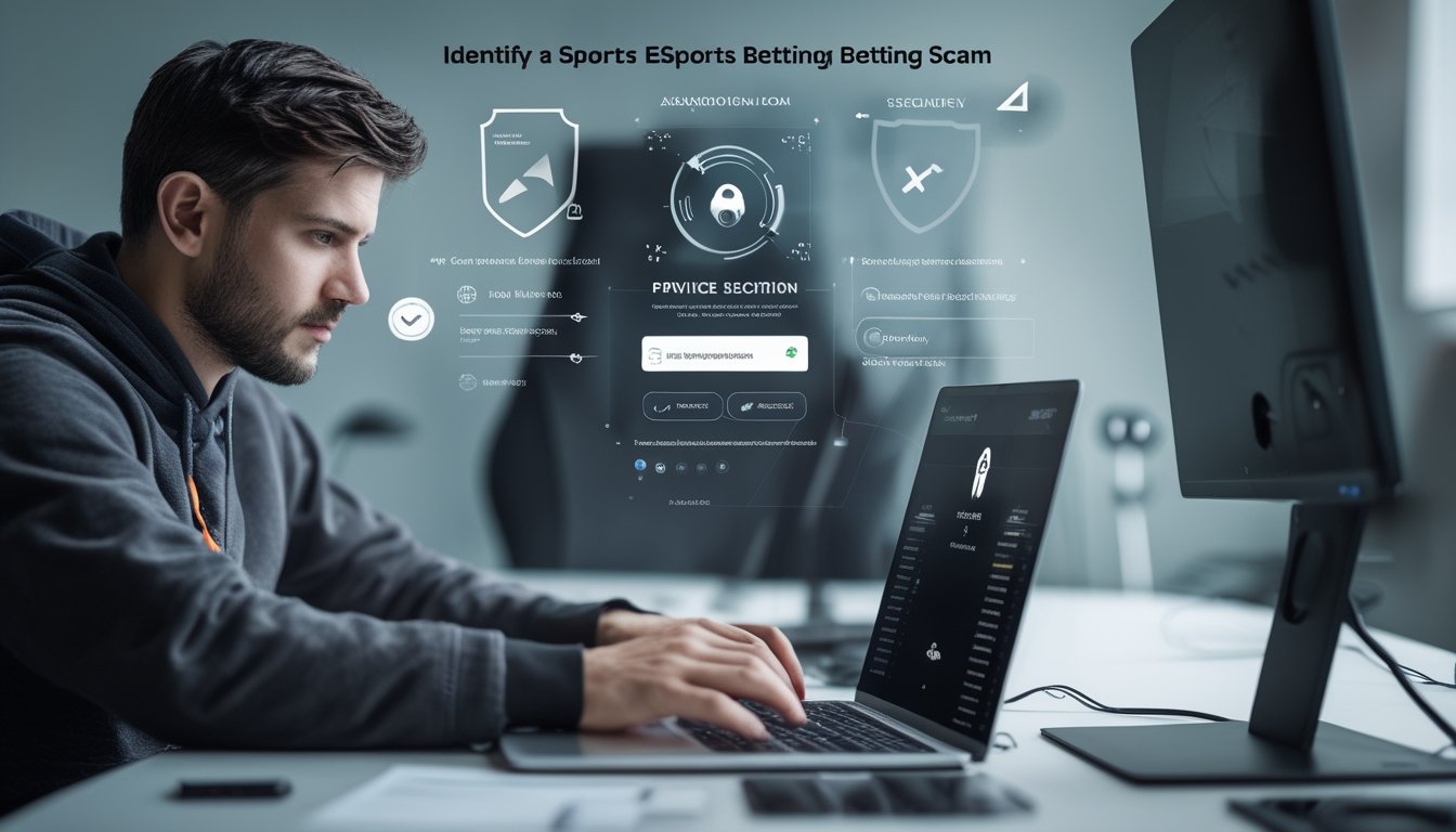 Seseorang memeriksa keamanan platform taruhan esports melalui laptop dan ponsel di meja kerja.