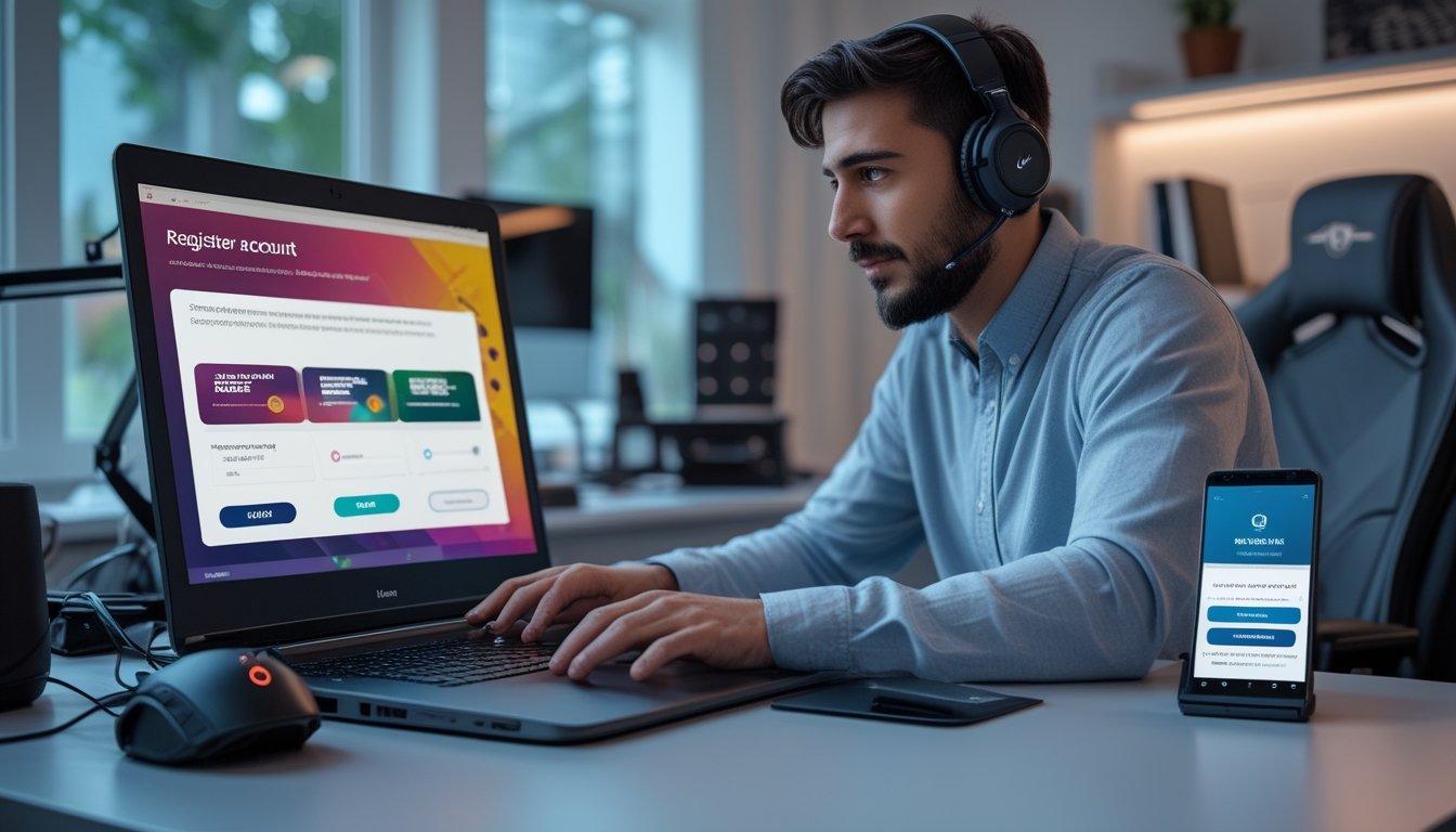 Orang dewasa menggunakan laptop untuk mendaftar akun pada platform taruhan esports online di ruang kerja modern.