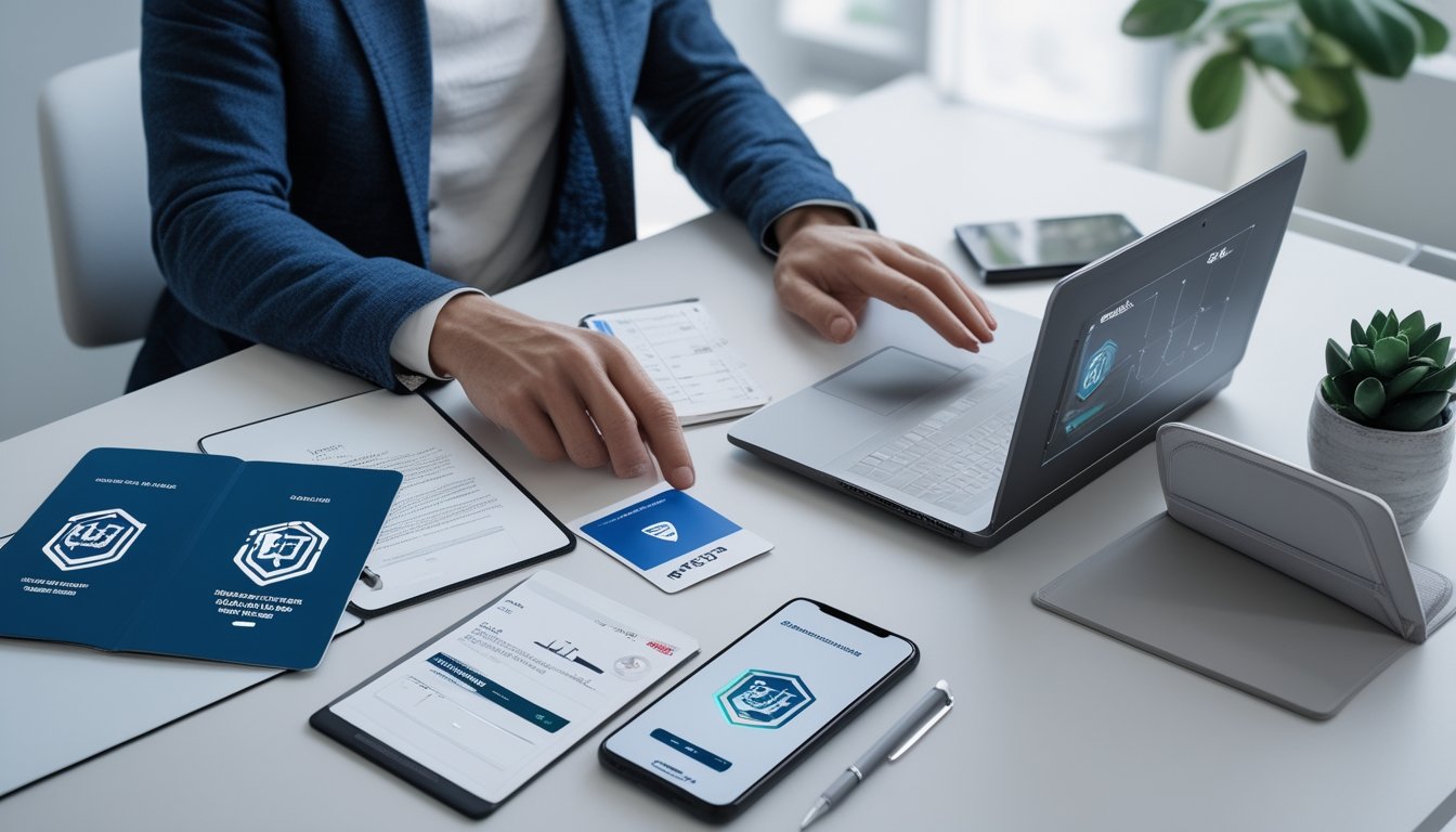 Orang dewasa mengisi formulir pendaftaran online di laptop dengan kartu identitas dan dokumen resmi di atas meja.