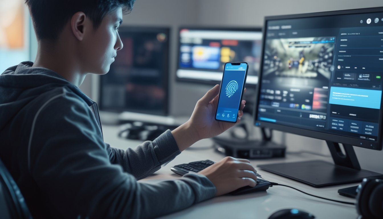 Seorang penggemar esports menggunakan dompet digital di ponsel sambil menyaksikan pertandingan di komputer.
