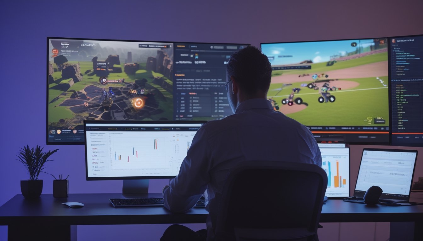 Seorang analis mempelajari data pertandingan esports di meja dengan beberapa layar yang menampilkan arena permainan dan grafik abstrak.