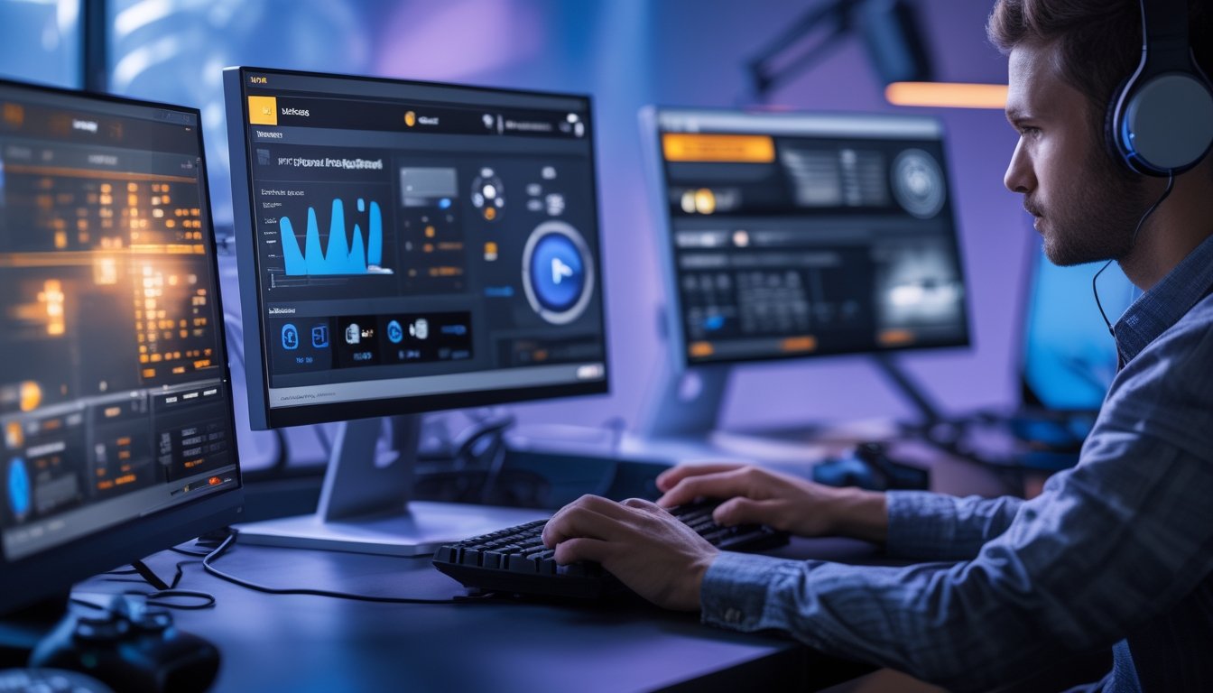 Seorang analis esports membandingkan beberapa dasbor digital di ruang kerja gaming modern.