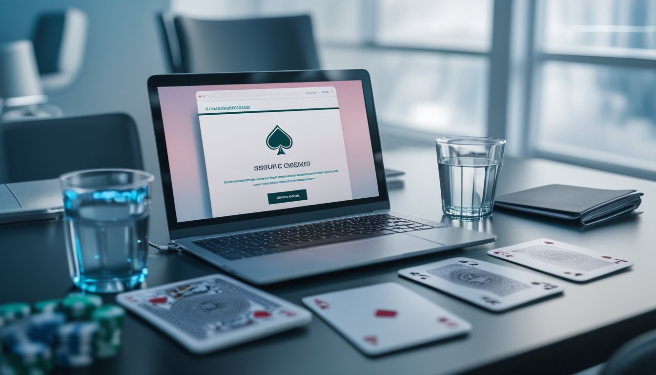 Laptop dengan tampilan poker abstrak, kartu remi, dan keping poker di atas meja kerja modern.