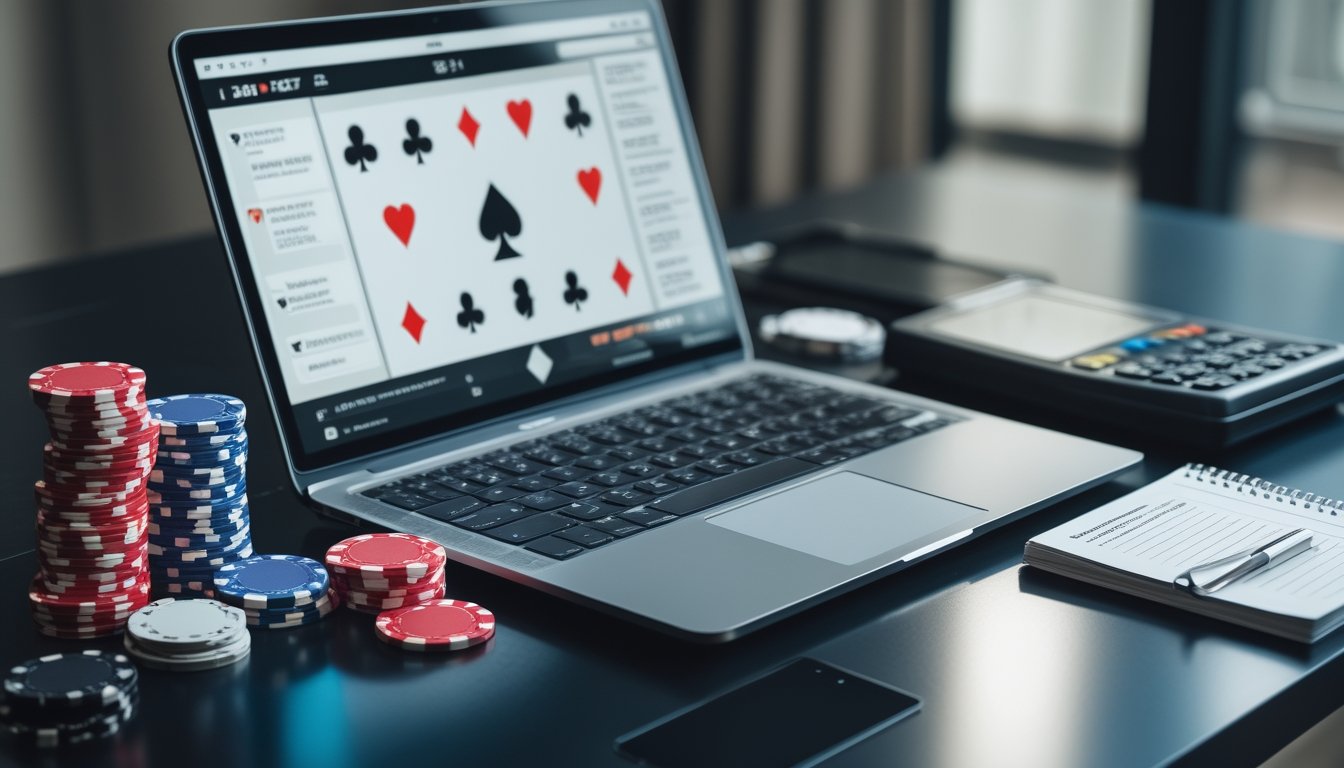 Laptop dengan tampilan poker daring yang samar, kartu, keping poker, kalkulator, dan simbol peringatan di atas meja.