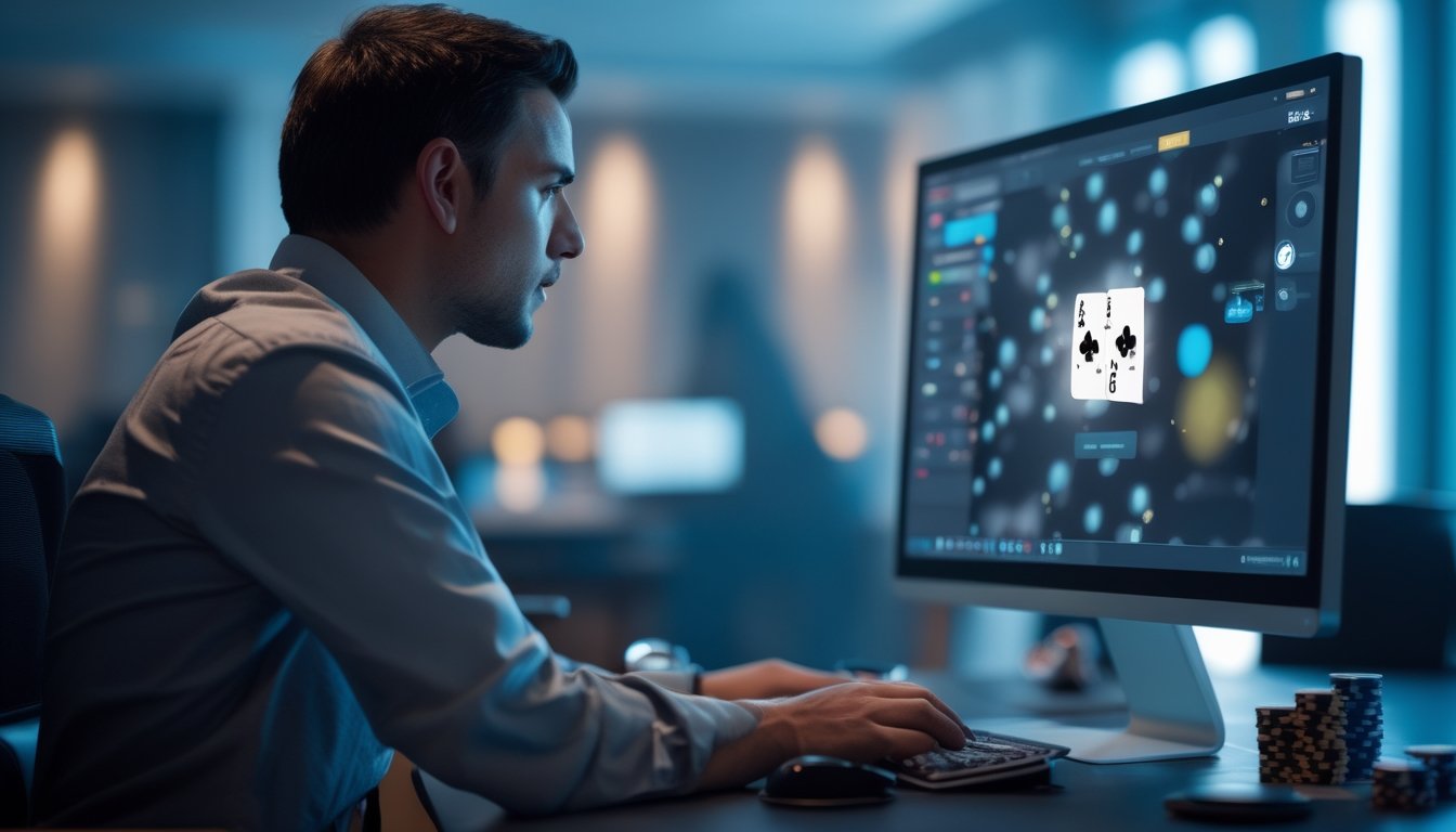 Pemain poker fokus menganalisis permainan online dengan kartu dan keping poker di meja.