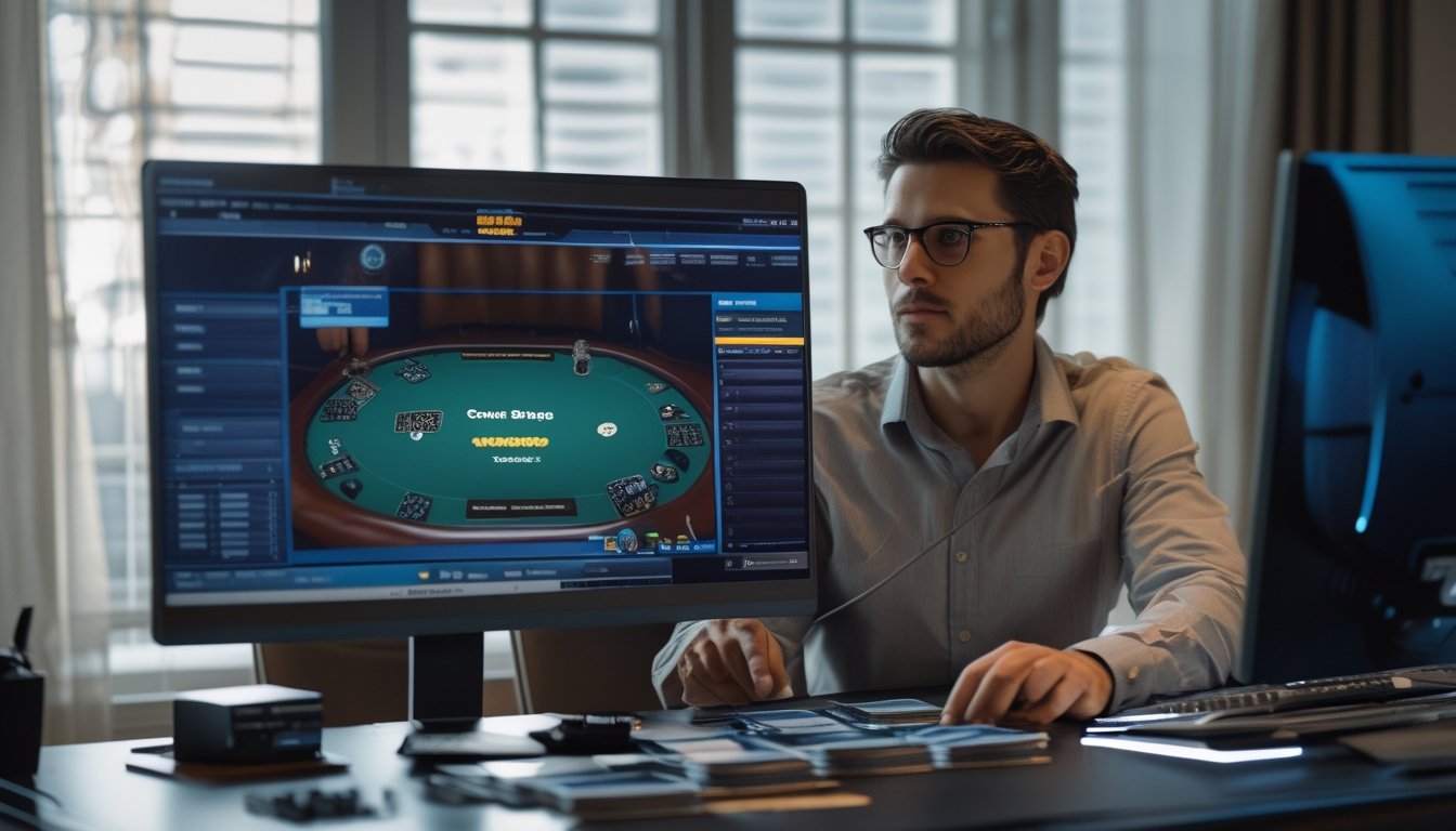 Seorang pemain poker menganalisis kartu dan keping taruhan di depan layar komputer.