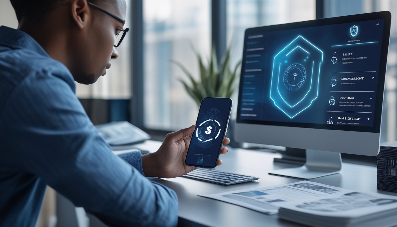 Orang dewasa memeriksa aplikasi seluler dan simbol keamanan untuk menilai legalitas serta kredibilitas platform.