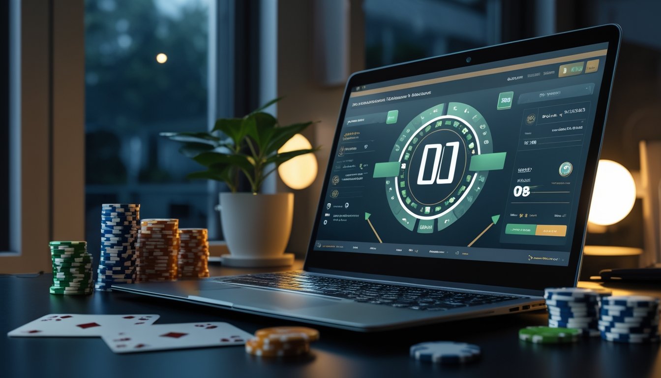 Laptop menampilkan meja poker digital dengan kartu, chip, dan simbol hadiah cashback di ruang kerja modern.