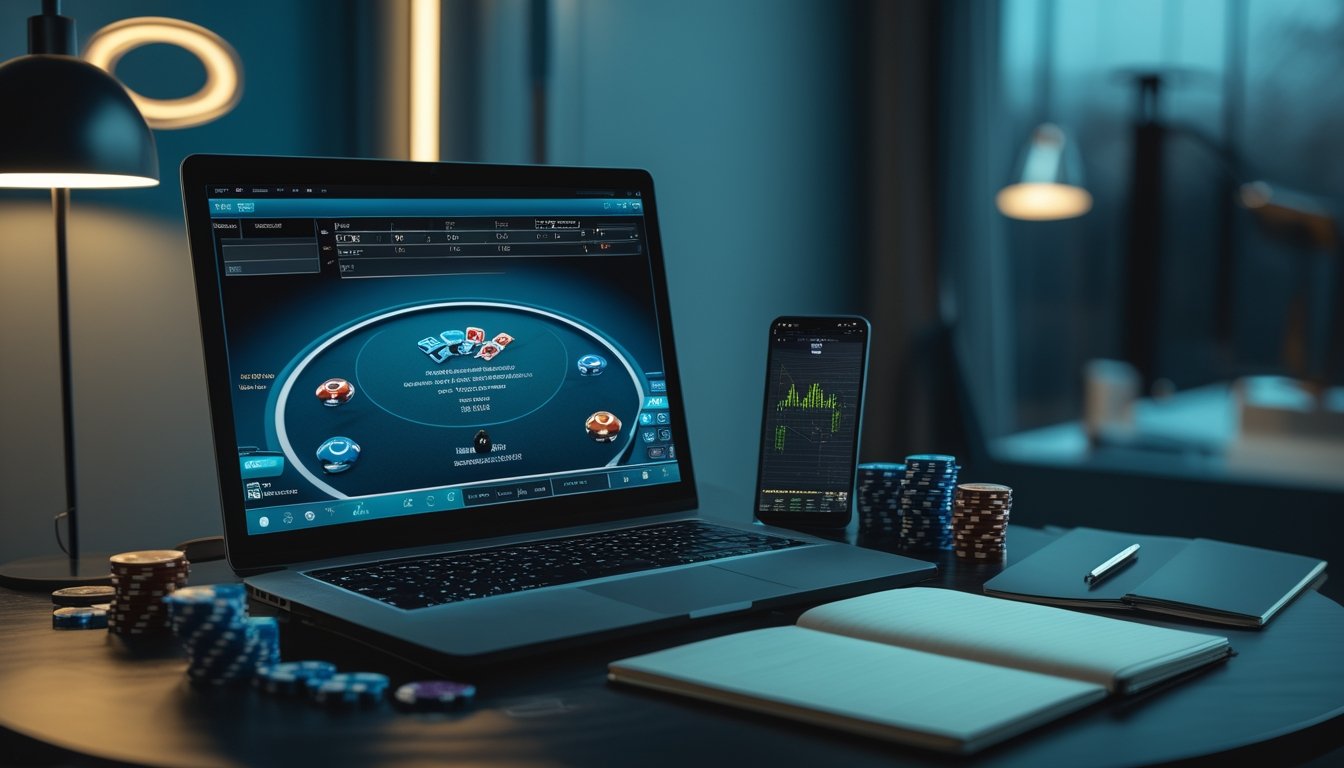 Meja kerja dengan laptop berisi permainan poker daring, keping poker, kalkulator, dan ponsel dengan grafik keuangan.