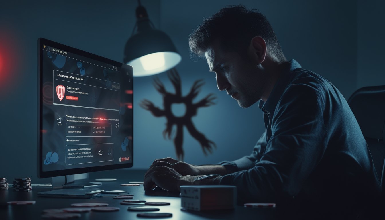 Seorang pemain poker tampak cemas saat melihat laptop dengan tanda peringatan, dikelilingi kartu dan keping poker.