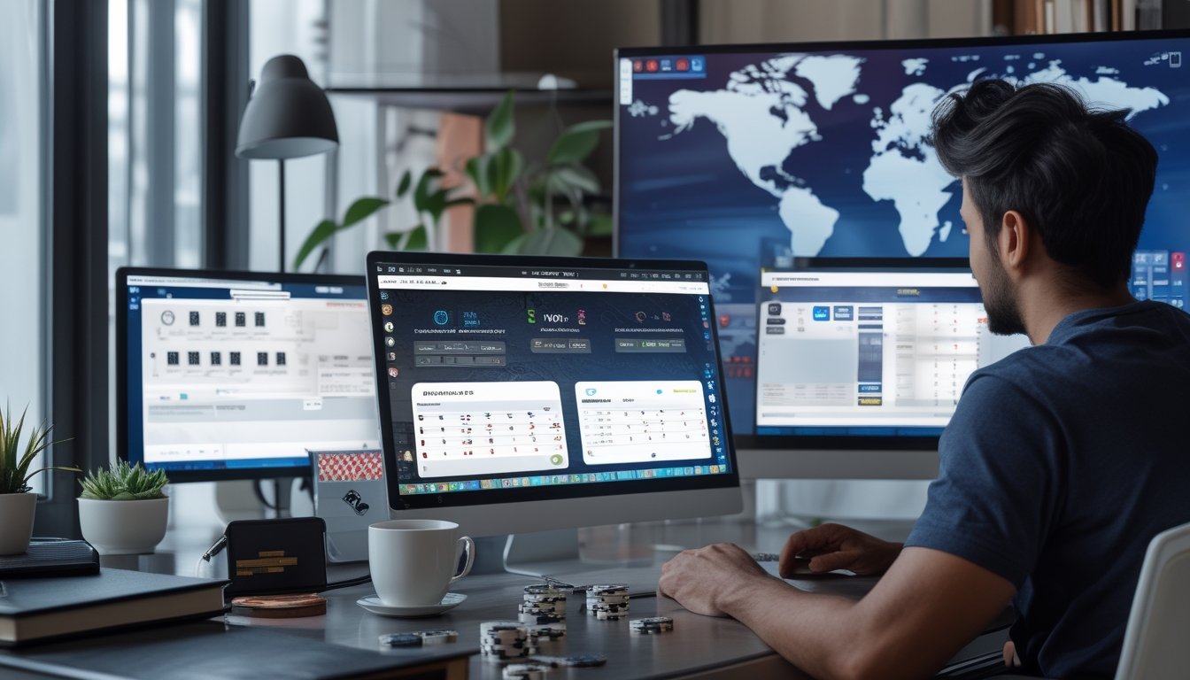 Seorang pemain dewasa membandingkan beberapa platform turnamen poker online di ruang kerja modern dengan laptop, ponsel, kartu, dan keping poker.