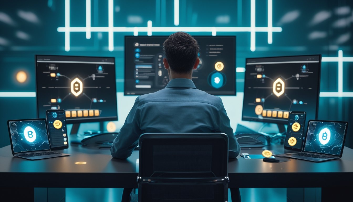 Seseorang menggunakan komputer dan ponsel untuk transaksi mata uang kripto pada platform poker online modern.