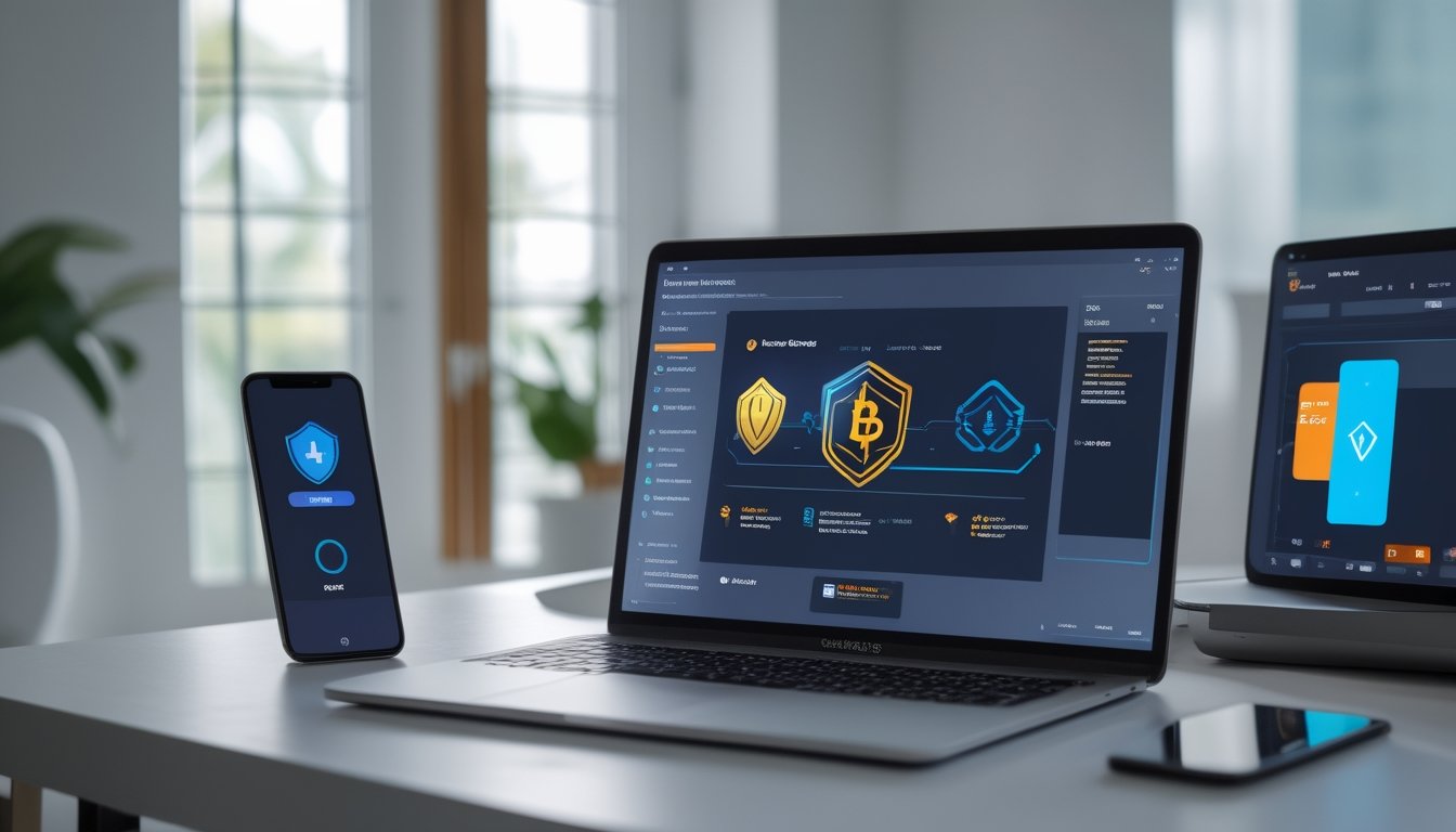 Seseorang memeriksa platform transaksi mata uang kripto yang aman di ruang kerja modern dengan simbol perlindungan dan verifikasi.