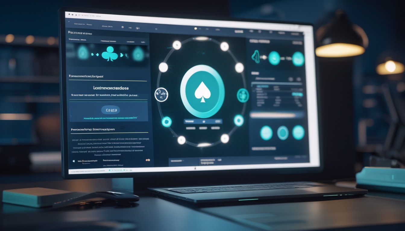 Perangkat digital menampilkan antarmuka abstrak platform poker online dengan grafik, keamanan, dan koneksi lintas perangkat.