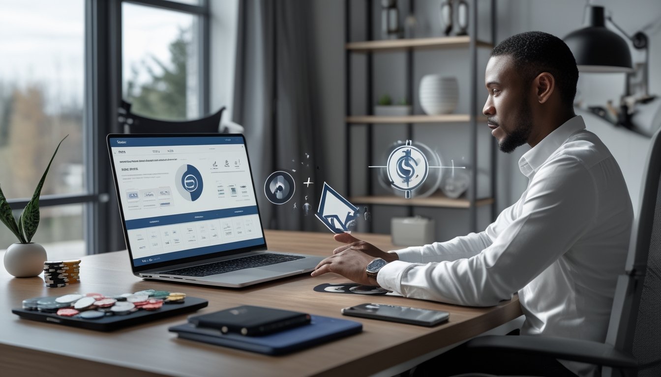 Orang dewasa meninjau dashboard keuangan umum di laptop dengan kartu permainan, keping poker, dan ponsel di meja.