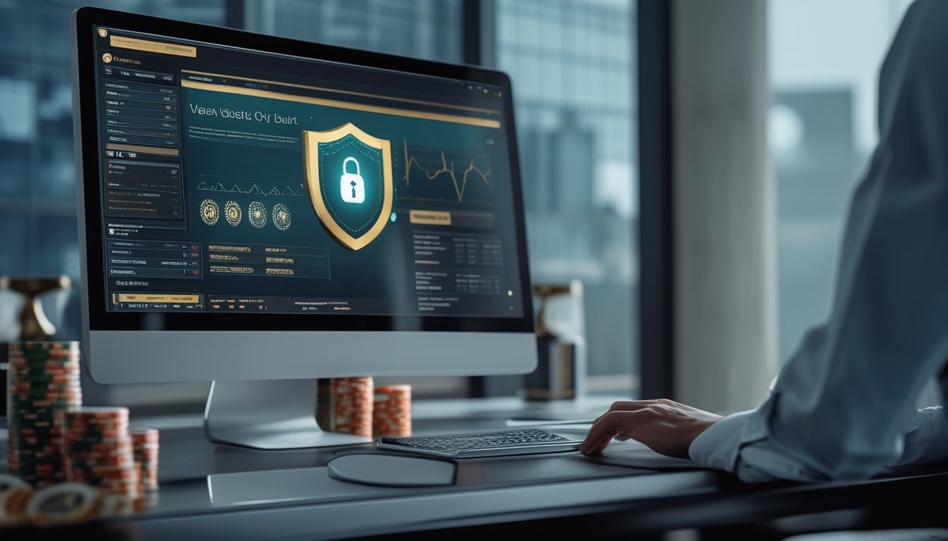 Monitor komputer menampilkan antarmuka kasino online abstrak dengan ikon perisai dan gembok keamanan, disertai kartu serta keping kasino di latar belakang.