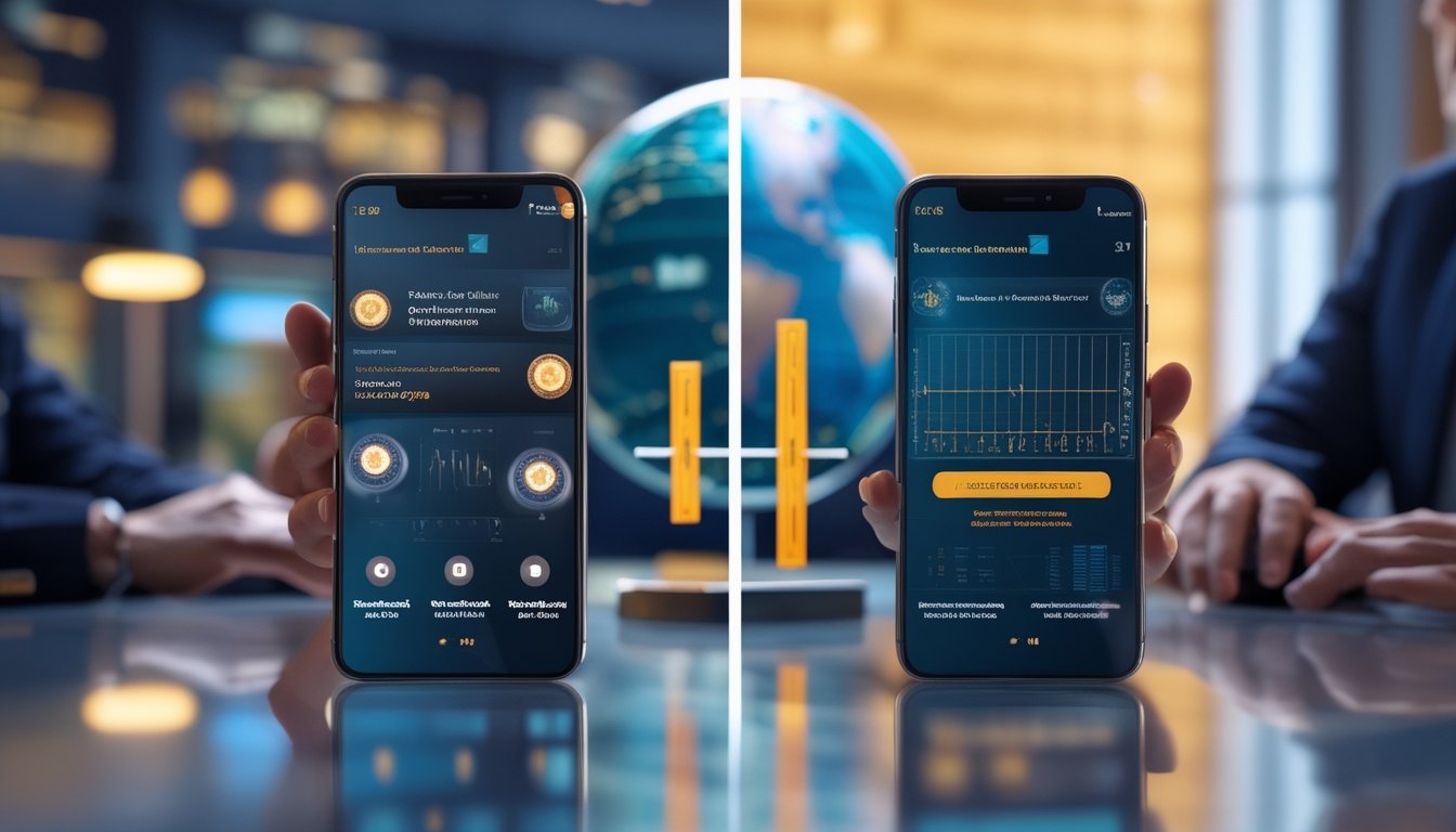 Dua ponsel menampilkan antarmuka abstrak di meja modern dengan simbol perbandingan platform lokal dan internasional.