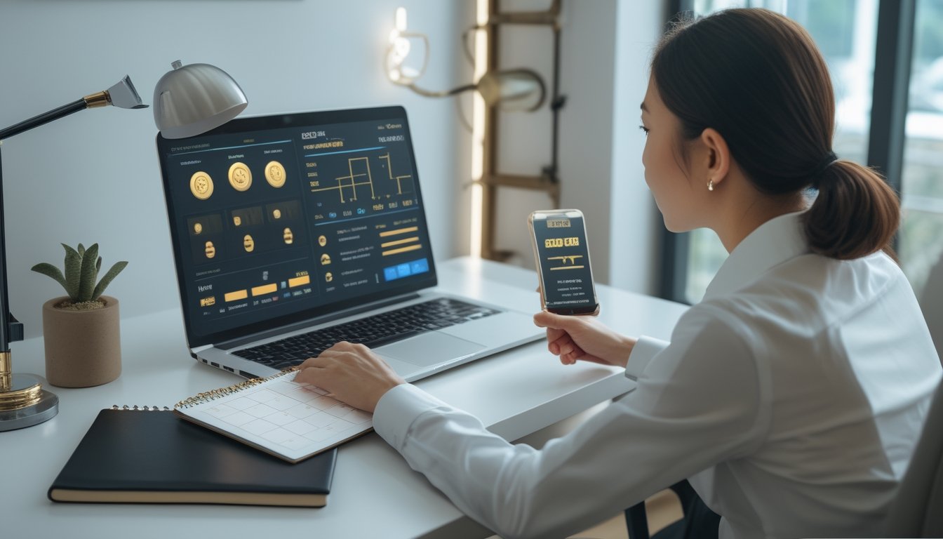 Seseorang mempelajari bonus kasino online melalui laptop dan ponsel di meja kerja.