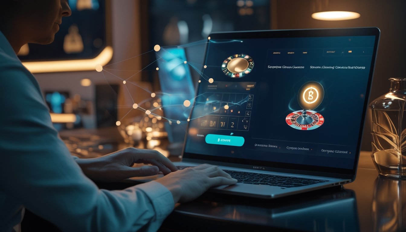 Orang dewasa menggunakan laptop untuk mengakses kasino digital dengan dompet mata uang kripto di sampingnya.