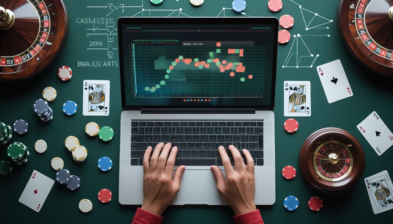 Laptop dengan grafik peluang abstrak dikelilingi chip kasino, kartu, roda roulette, dadu, dan kalkulator.