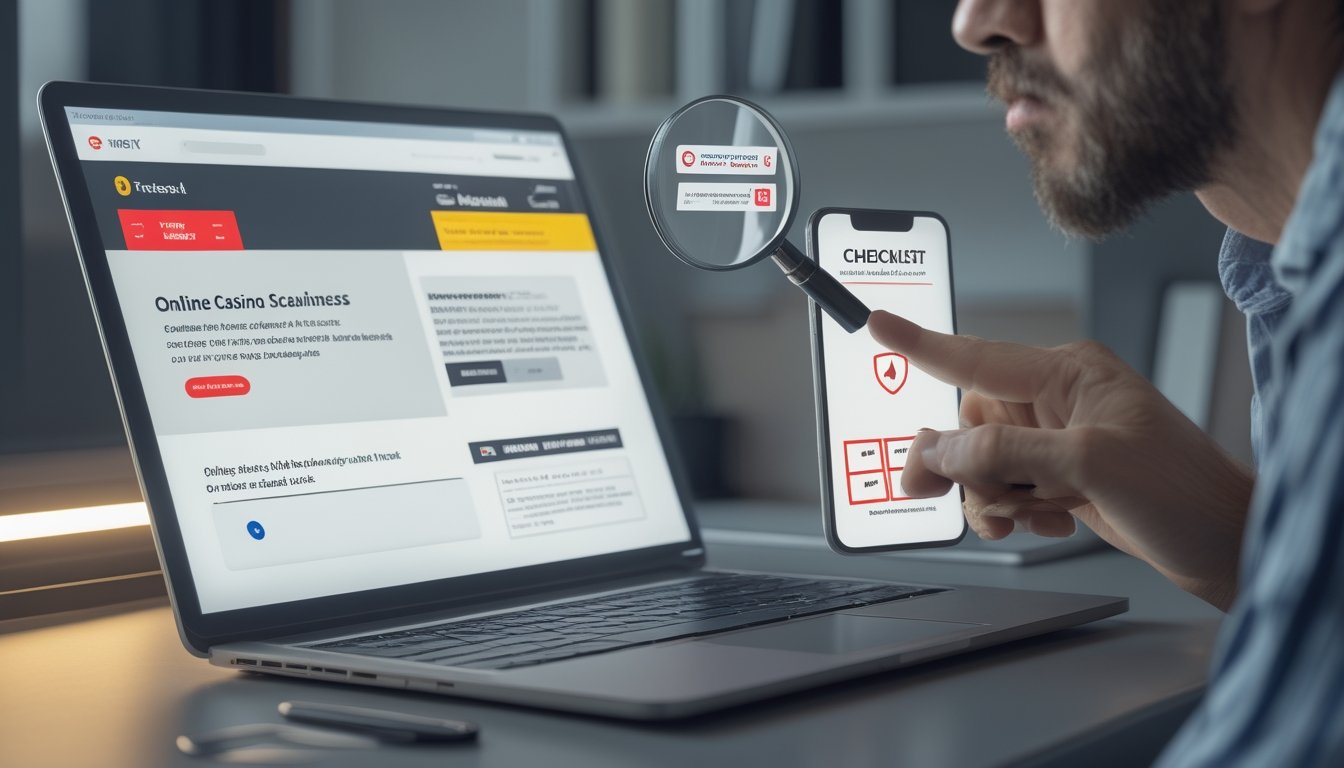 Seseorang memeriksa laptop dan ponsel dengan simbol peringatan serta ikon keamanan di meja kerja.