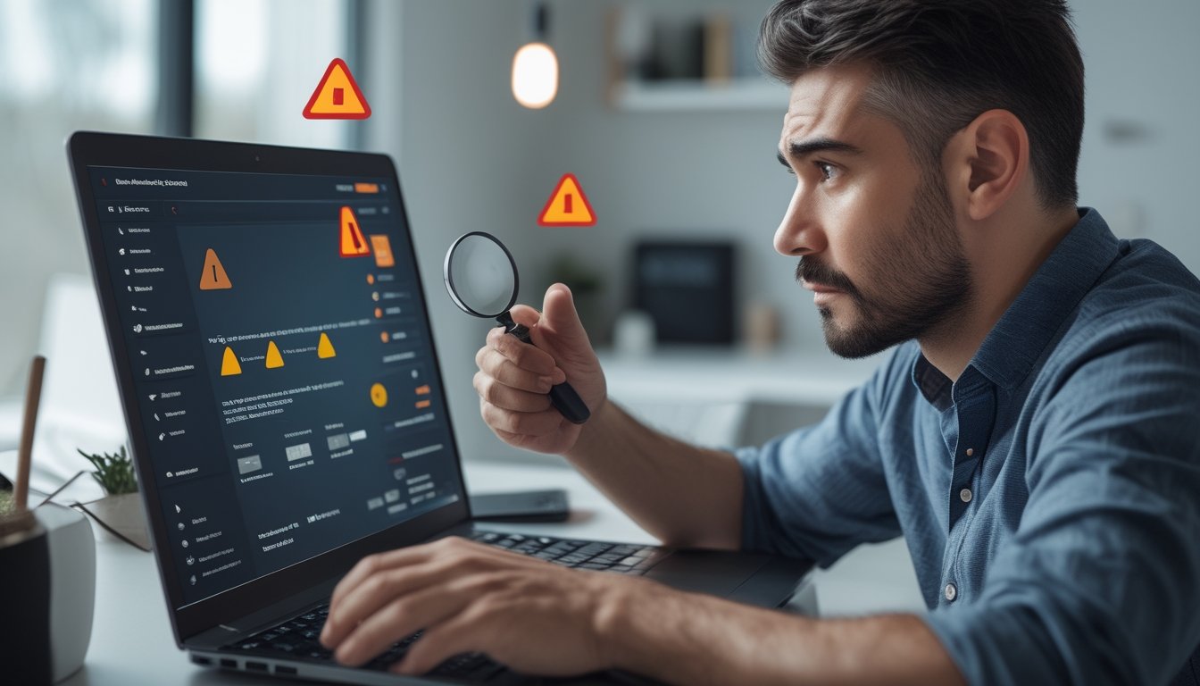 Seseorang memeriksa situs kasino online yang mencurigakan di laptop dengan ekspresi waspada dan simbol peringatan di sekitarnya.