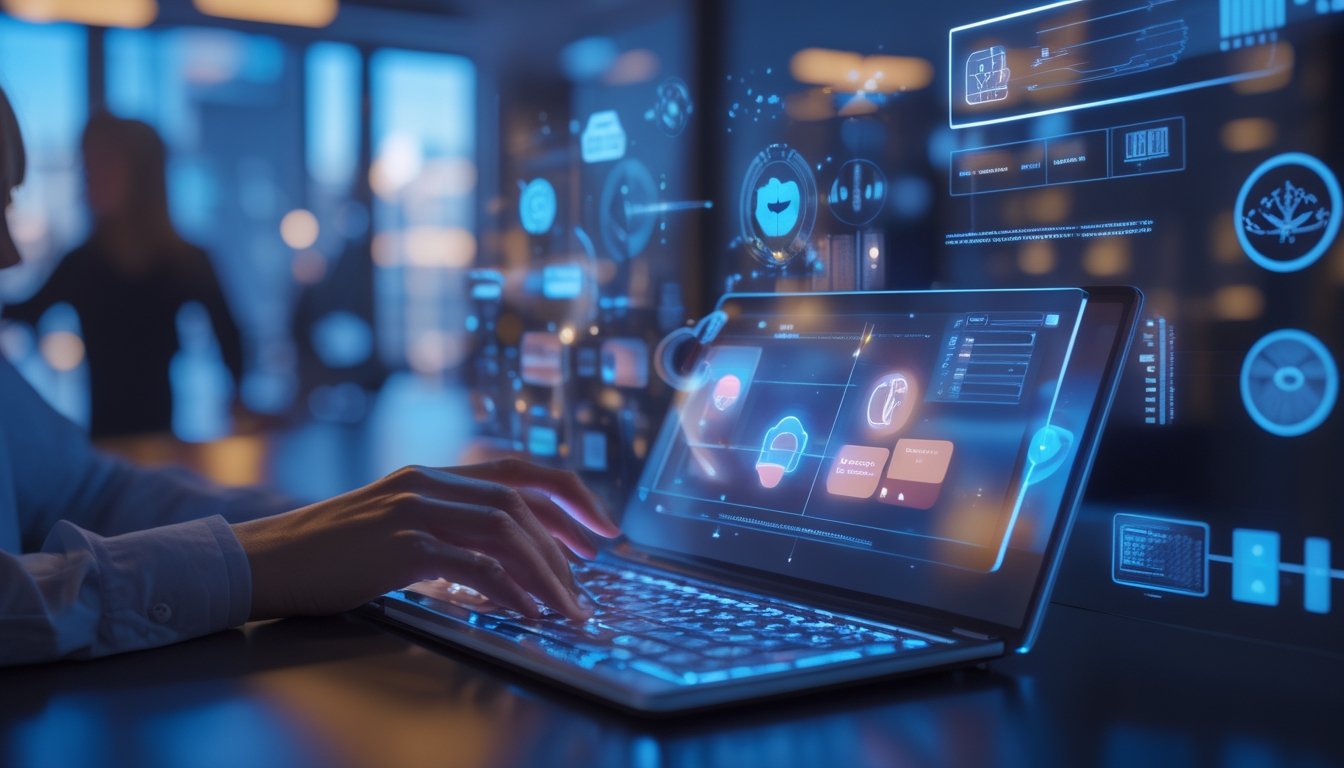 Orang dewasa menggunakan perangkat digital dalam lingkungan modern dengan elemen teknologi interaktif.