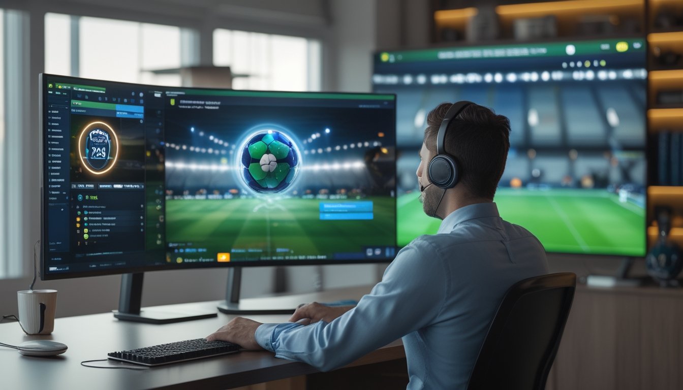 Seseorang menggunakan platform sepak bola daring sambil terhubung dengan petugas layanan pelanggan melalui video chat.