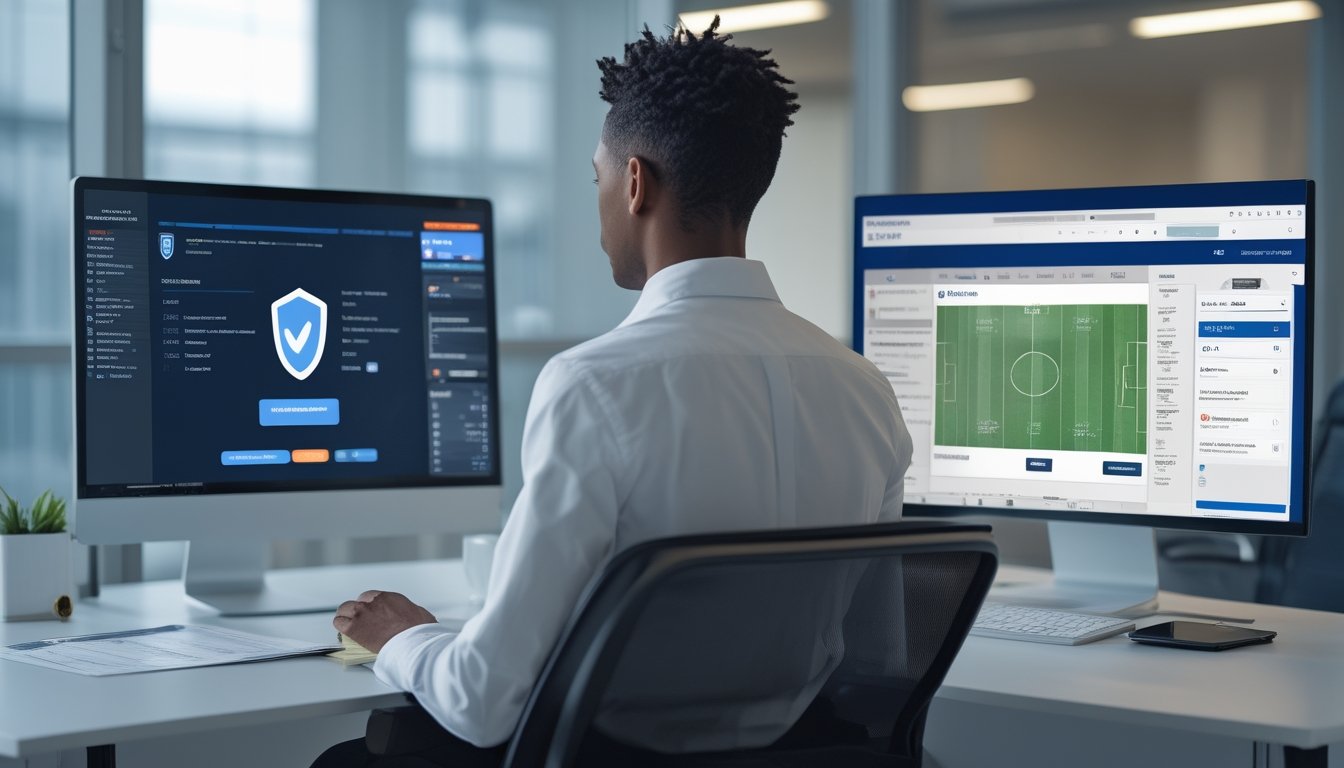 Seorang analis memeriksa keamanan dan kredibilitas layanan sepak bola daring sambil membuka percakapan dukungan pelanggan.