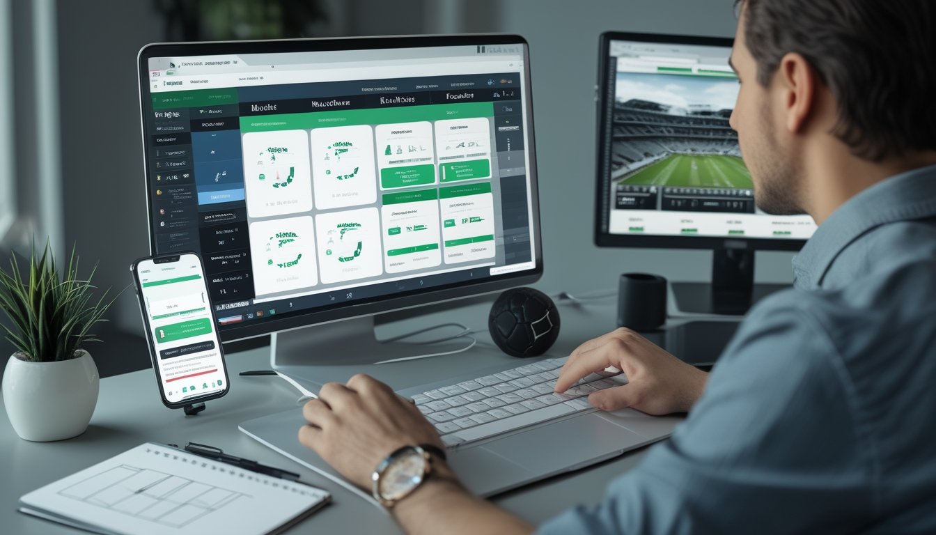 Seorang analis olahraga mempelajari beberapa pertandingan sepak bola melalui laptop dan ponsel di meja kerja.