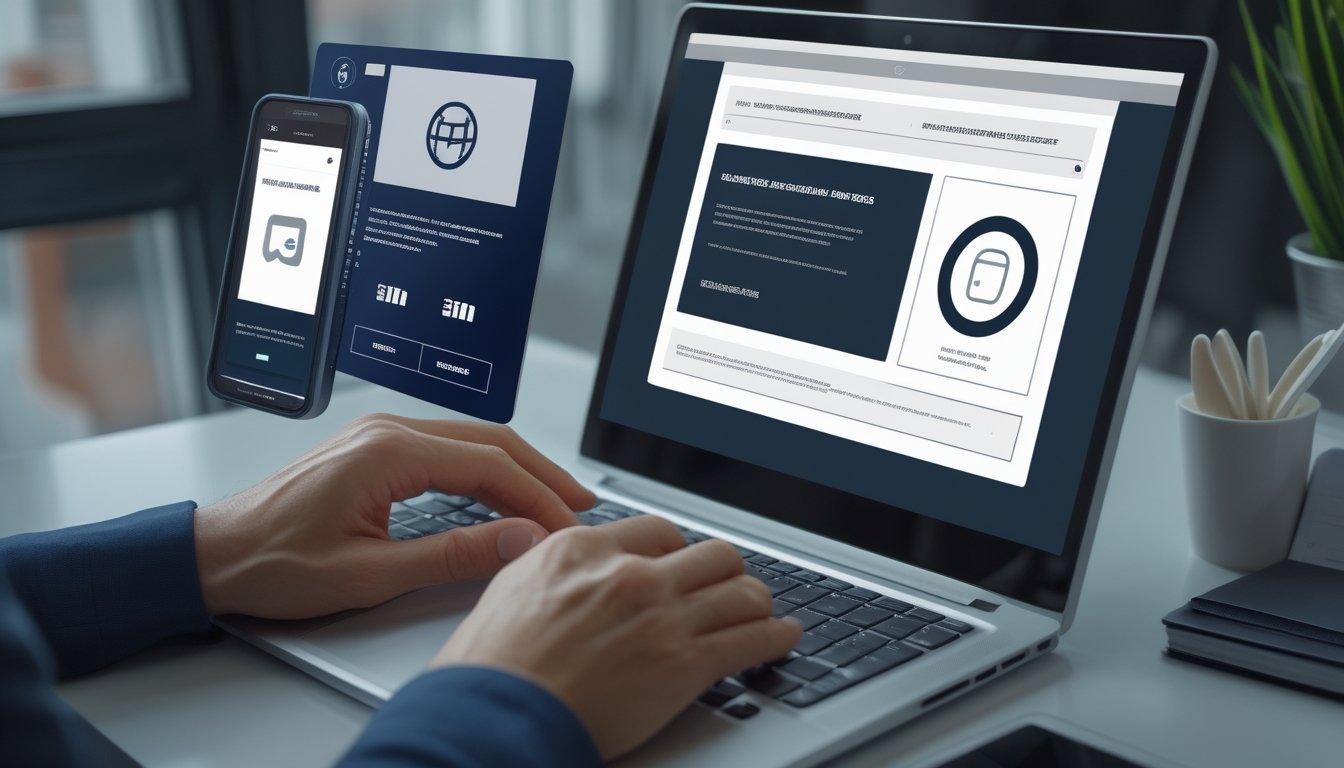 Seorang profesional memeriksa platform taruhan olahraga daring dengan laptop, ponsel, dokumen verifikasi, dan simbol keamanan.