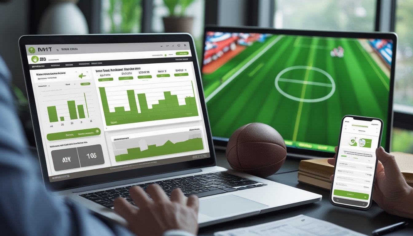 Seorang profesional Indonesia meninjau data sepak bola digital di laptop dan ponsel di ruang kerja modern.