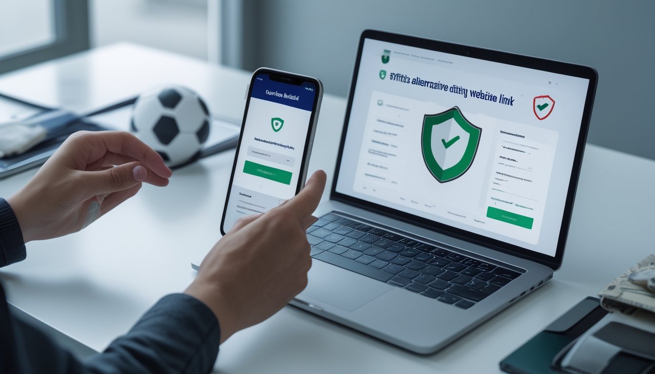 Seseorang memeriksa keamanan tautan situs melalui laptop dan ponsel dengan simbol perlindungan digital serta bola sepak di meja.