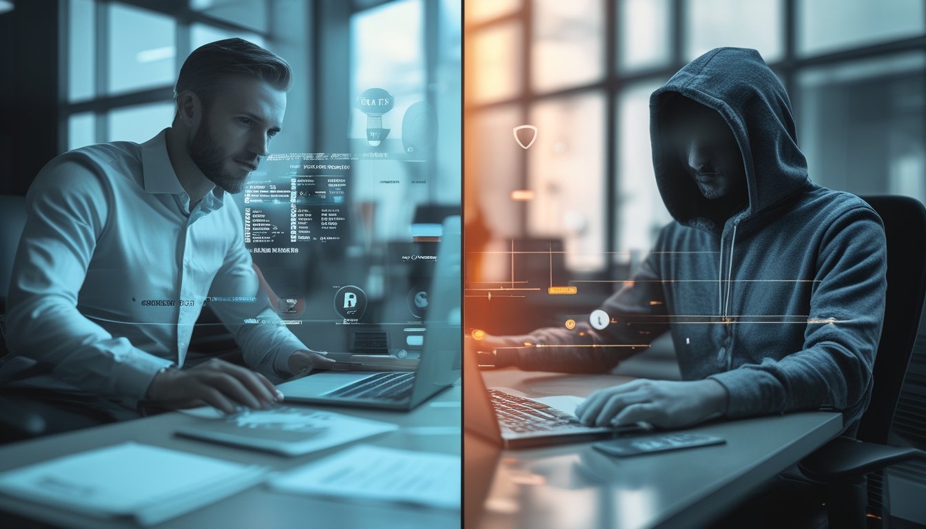 Adegan terbagi dua yang membandingkan kantor layanan taruhan olahraga daring yang terpercaya dengan ruang kerja agen mencurigakan.