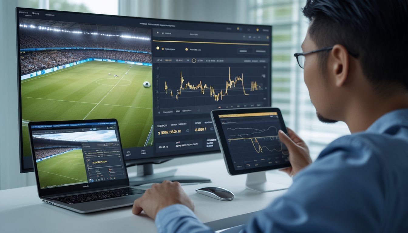 Penggemar sepak bola memantau pertandingan langsung dan statistik melalui laptop serta tablet di ruang kerja modern.