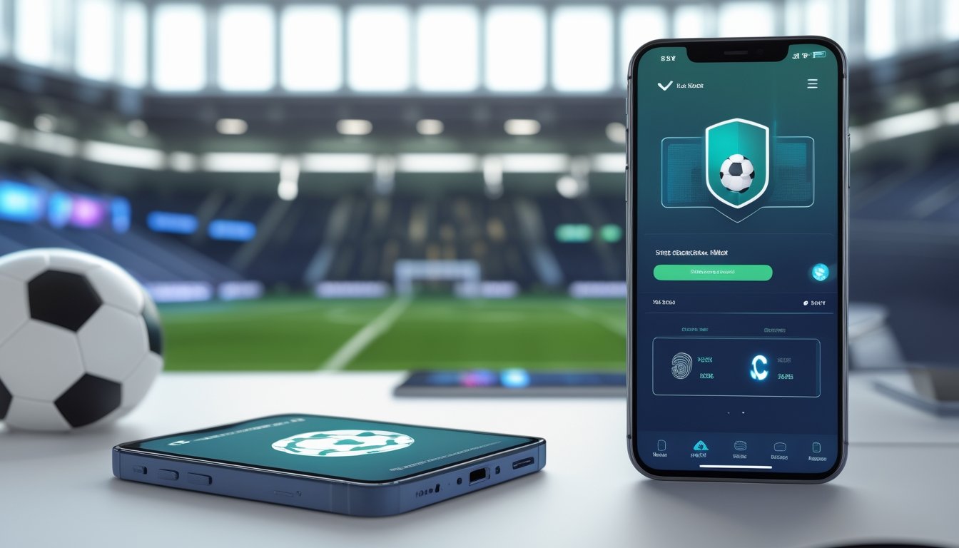 Dua ponsel menampilkan antarmuka olahraga dan dompet digital di atas meja dengan latar stadion sepak bola yang buram.