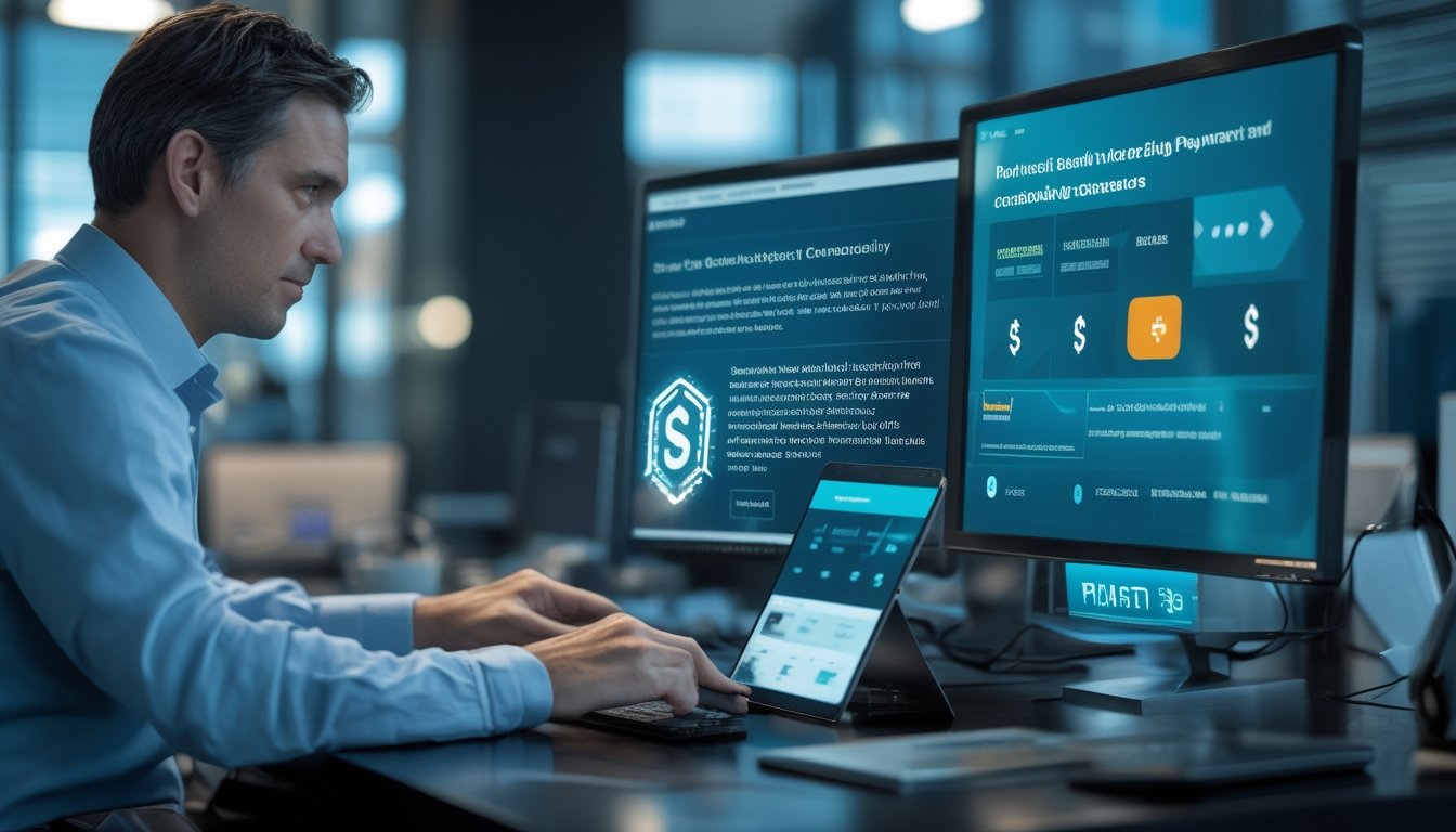 Seorang analis memeriksa laptop dan ponsel untuk menilai keamanan operator taruhan online serta transaksi dompet digital.