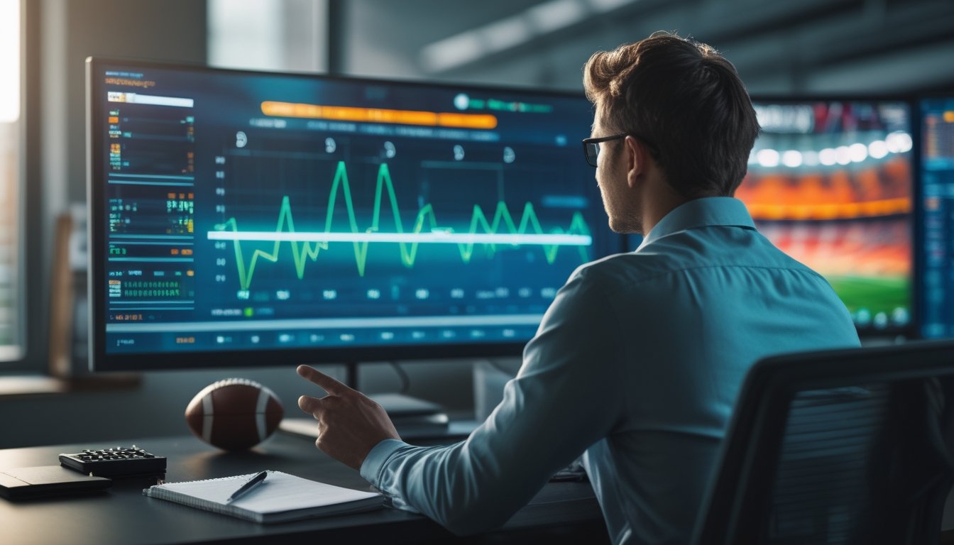 Analis sedang mengamati grafik pergerakan dan probabilitas pertandingan sepak bola di monitor.