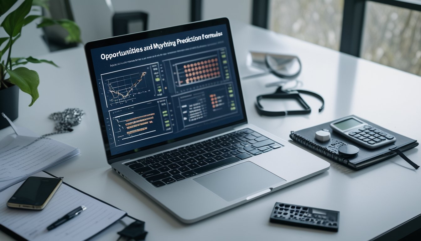 Meja kerja analis dengan laptop berisi grafik probabilitas abstrak, kalkulator, dan catatan kosong.