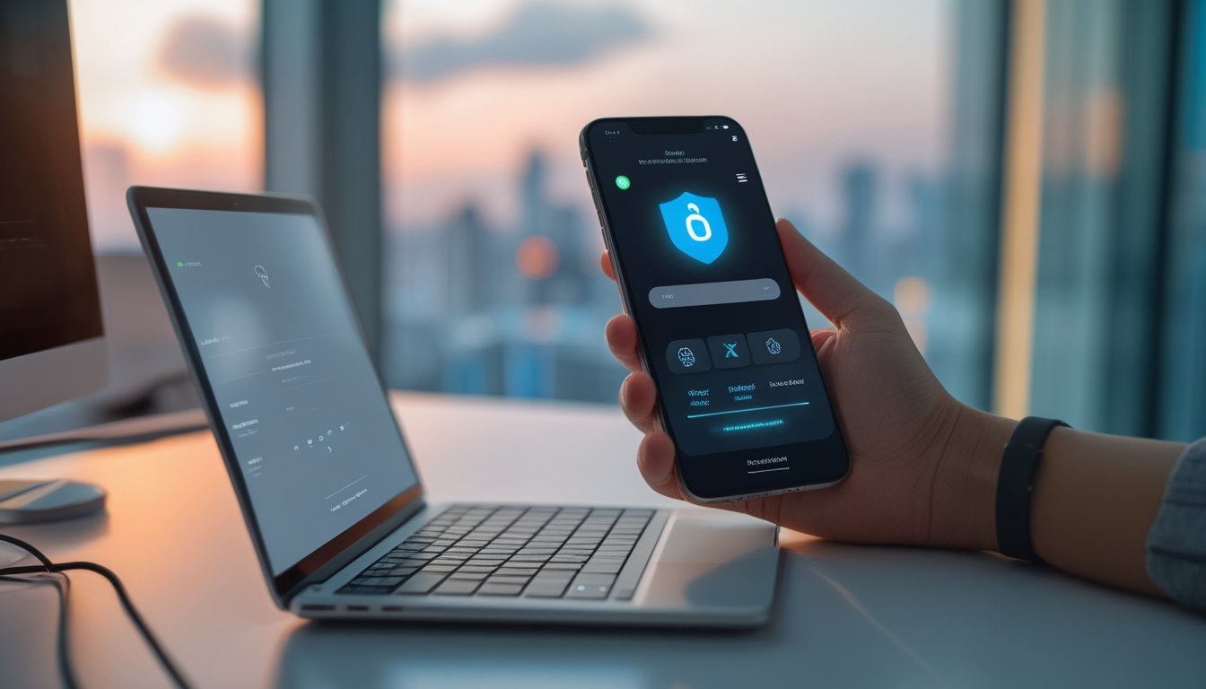 Seseorang menggunakan ponsel untuk melakukan pembayaran melalui dompet digital di meja kerja modern.